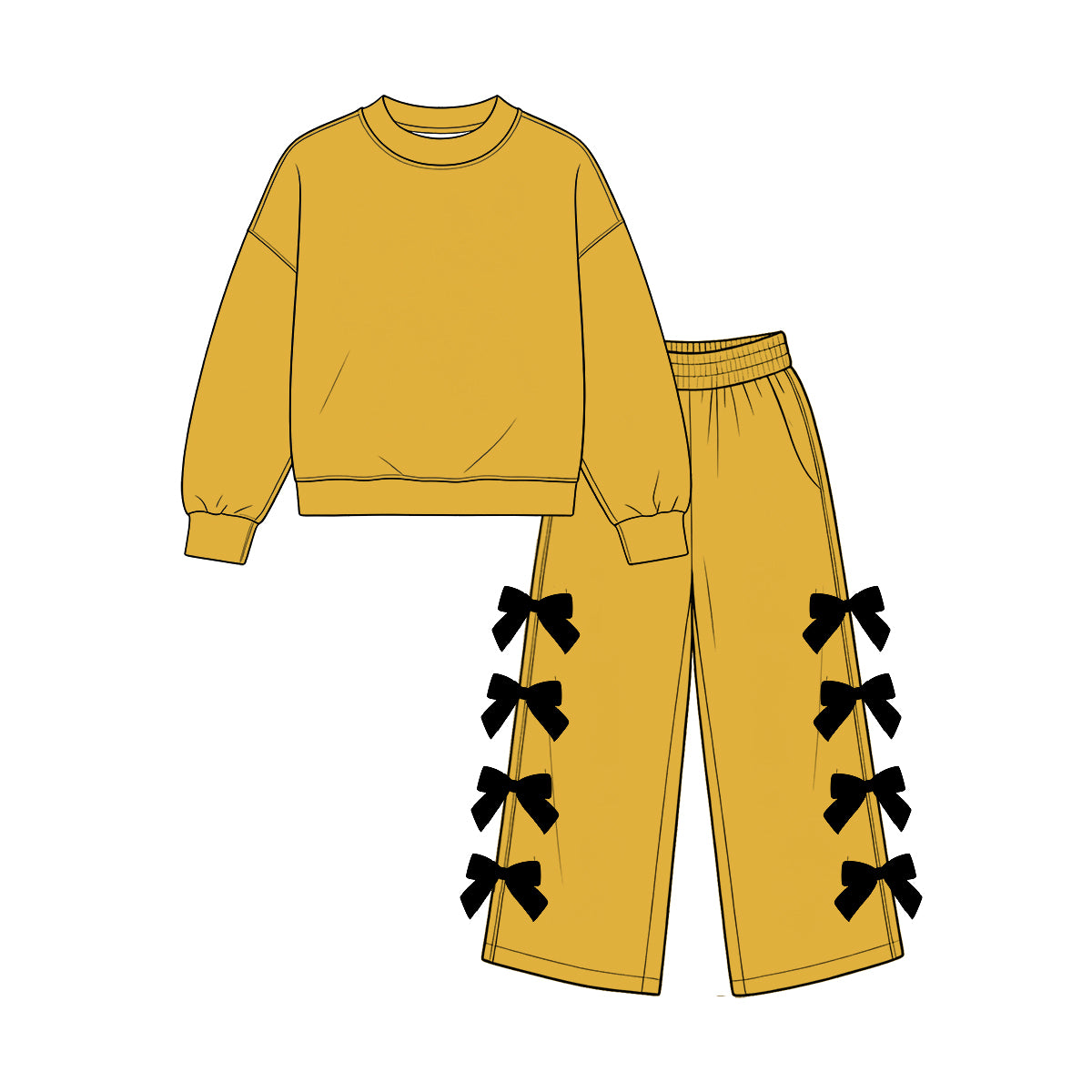 custom moq 5 mix size Baby Girls Mustard Yellow Long Sleeve Top And Bow Wide Leg Pants Fall Casual Outfit