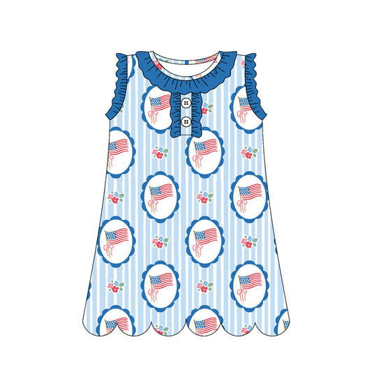 3.10 Custom moq 5 mix size Baby Girls Blue Sleeveless Knee Length Dresses 4th of July Outfits