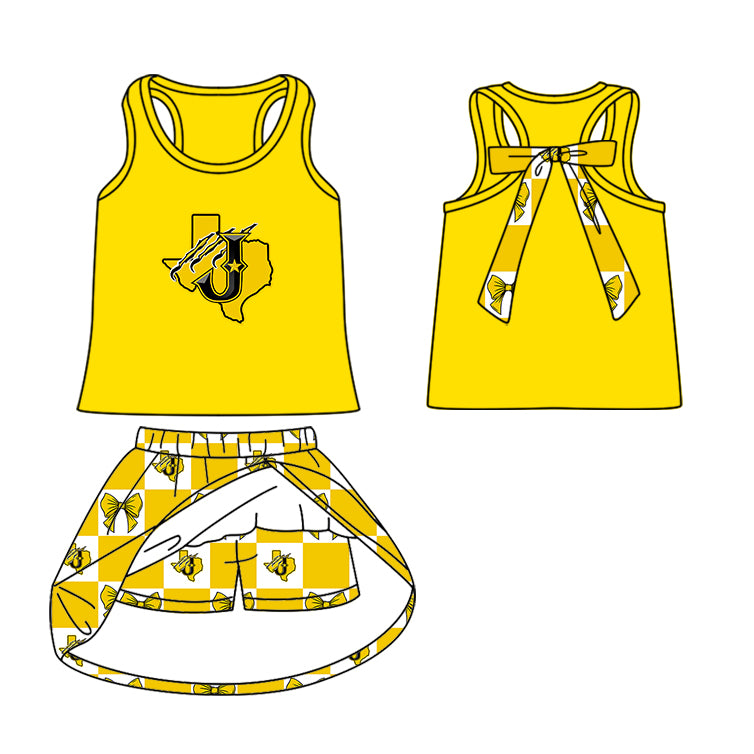 Custom moq 5 mix size milk silk summer teams Baby Girl Yellow Sleeveless Top Skirts Set Dress And Shorts Yoga Outfit Boy's Short-Sleeved Polo Shirt And Romper