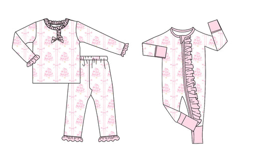 25.8.27 custom each style moq 5eta 4-6week Sibling Sisters Christmas trees bow pink baby girl clothes long sleeve pants sets and romper match family design