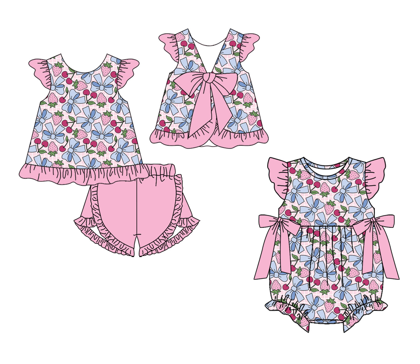 4.3 Custom moq 5 mix size Sibling Baby Girl's Bows Pink Flutter Sleeve Top And Short Set Cute Romper for Summer