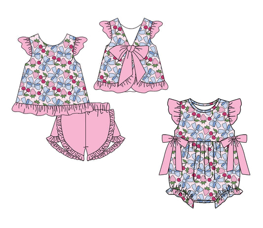 4.3 Custom moq 5 mix size Sibling Baby Girl's Bows Pink Flutter Sleeve Top And Short Set Cute Romper for Summer