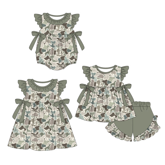 4.14 custom each style moq 5eta 4-6week Sibling Sisters duck camouflage baby girl short sleeve shorts sets and dress and rompers match family design
