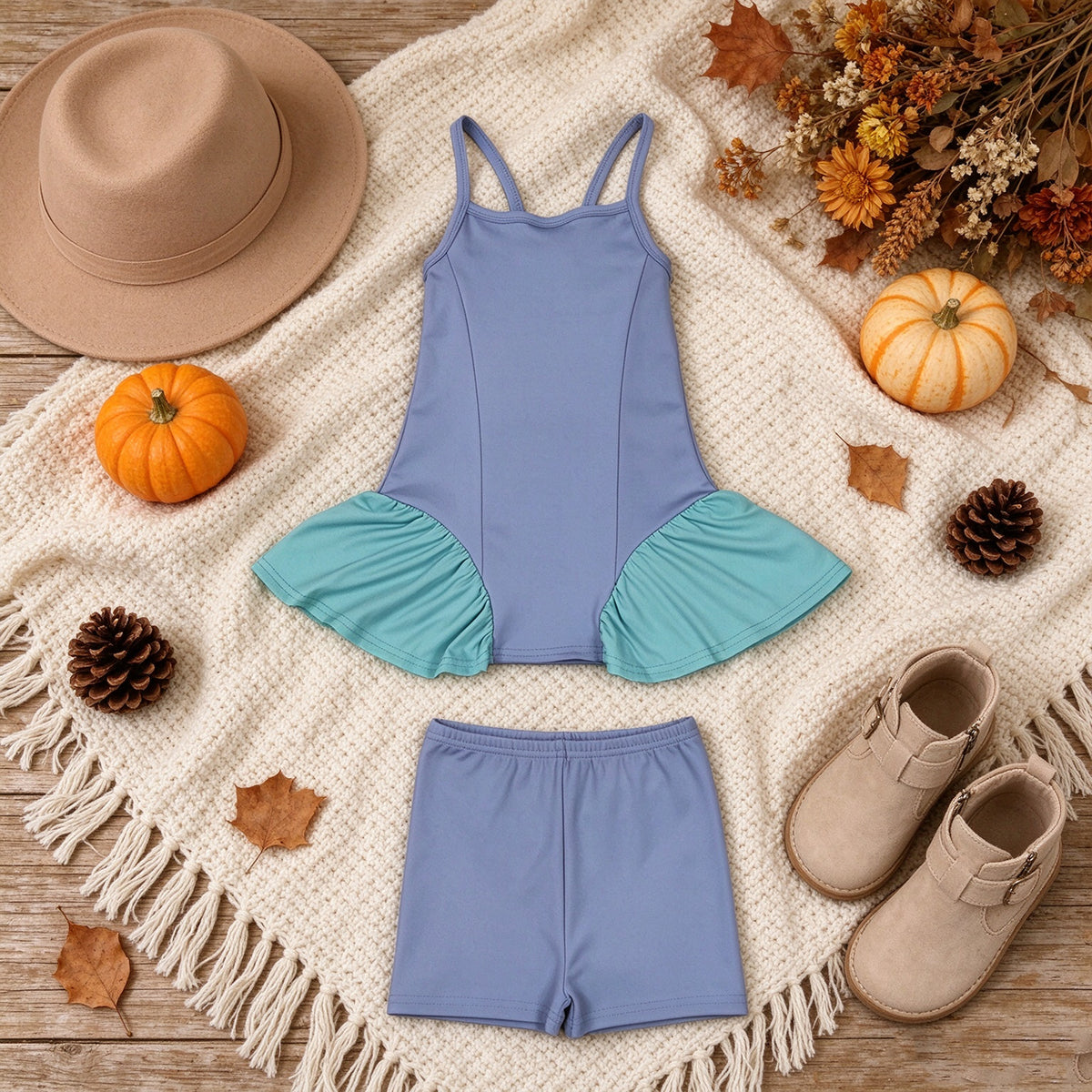 NEW RTS NO MOQ yoga fabric cotton GSSO3264（GSD3693+SS0831） Yoga Baby Girls Blue Strap Tunic Shorts Yoga Active Clothes Set