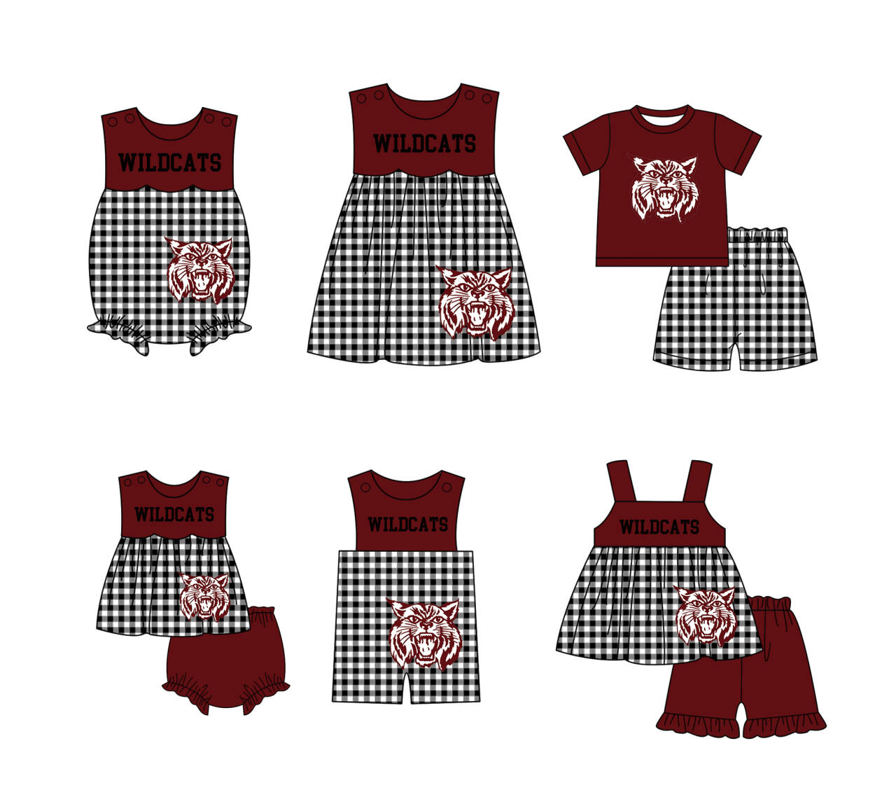 Custom moq 5 mix size milk silk summer teams baby girl boys clothes Dark Red Black and white checkered short sleeve shorts sets 3 and dress and rompers 2 series