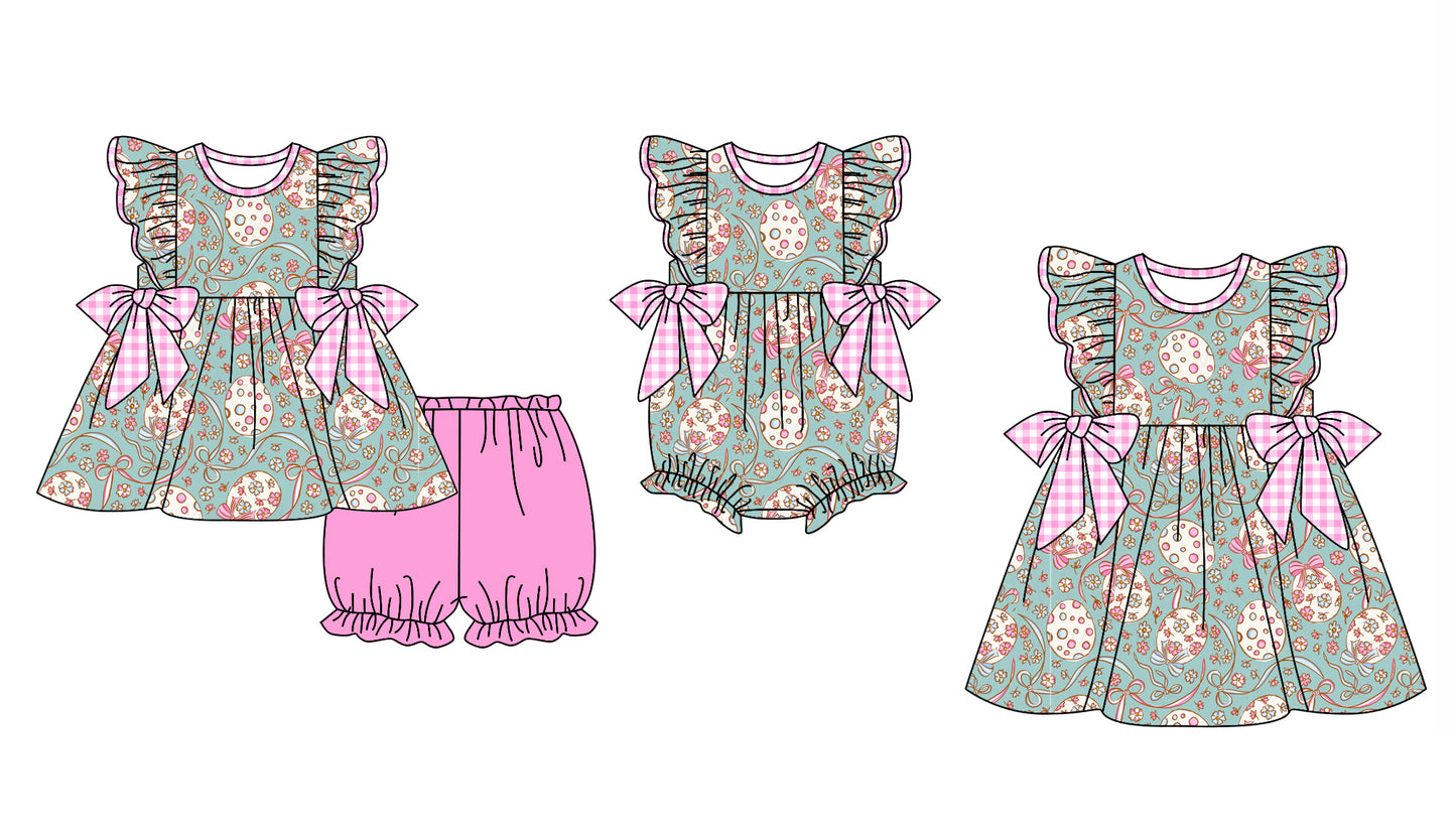12.3 custom each style moq 5eta 4-6week Sibling Sister easter baby girl short sleeve shorts sets and dress and rompers match family design