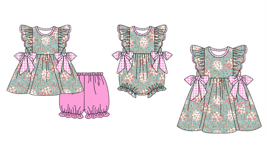 12.3 custom each style moq 5eta 4-6week Sibling Sister easter baby girl short sleeve shorts sets and dress and rompers match family design
