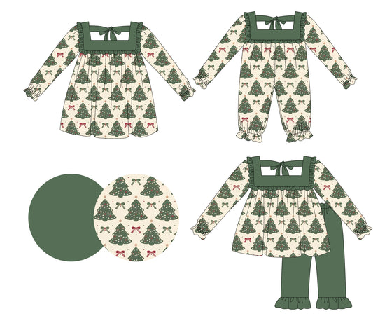 25.6.18 custom each style moq 5eta 4-6week Sibling Sisters Christmas trees baby girl long sleeve pants sets and dress and rompers match family design
