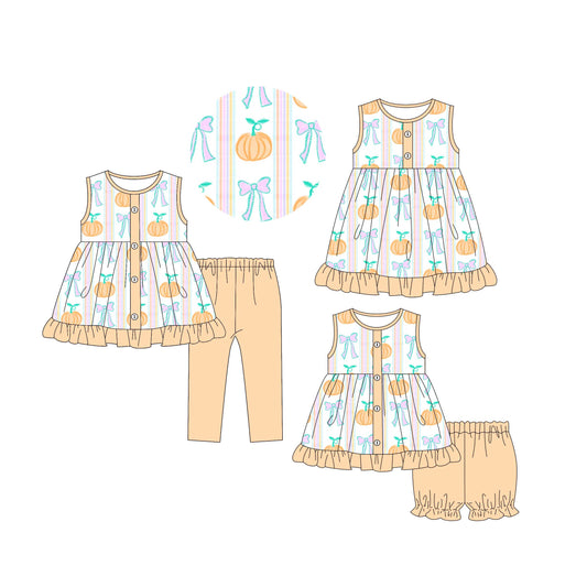 4.30 custom each style moq 5eta 4-6week Sibling Sisters pumpkin bow baby short sleeve shorts sets and pants sets and dress match family design