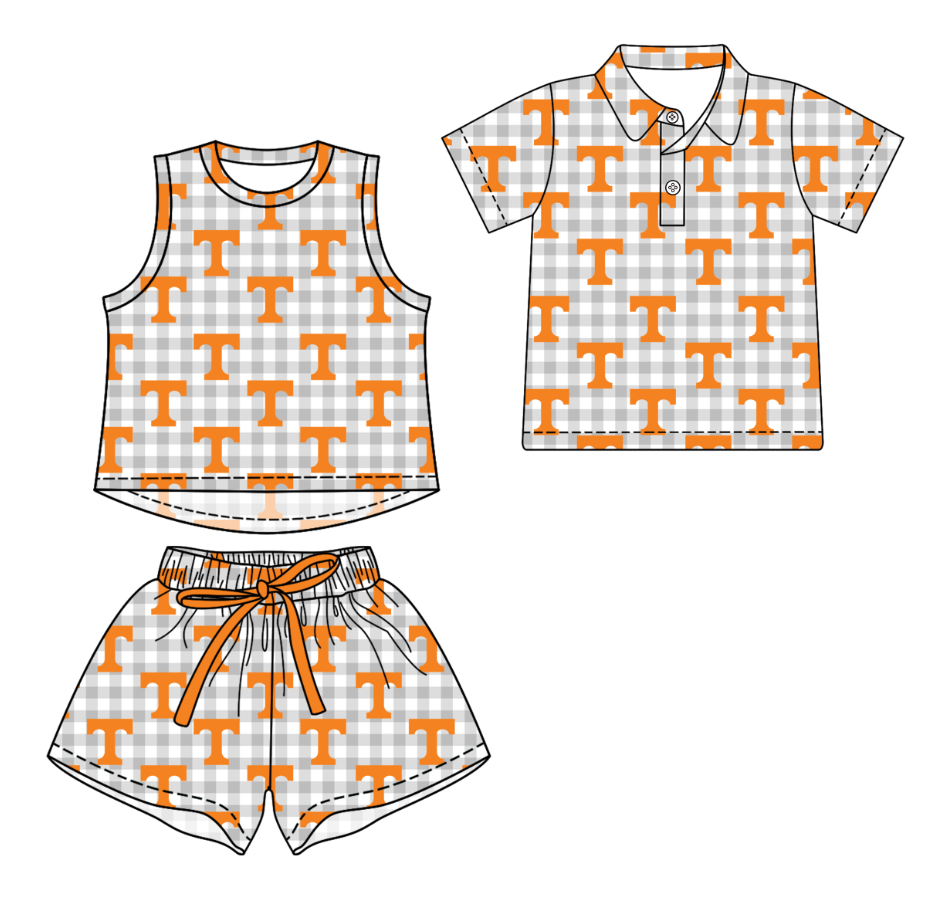 Custom moq 5 mix size milk silk summer teams Checked Girls Sleeveless Top And Short Sets Boys Short Sleeve Checked Button Polo Shirt Top