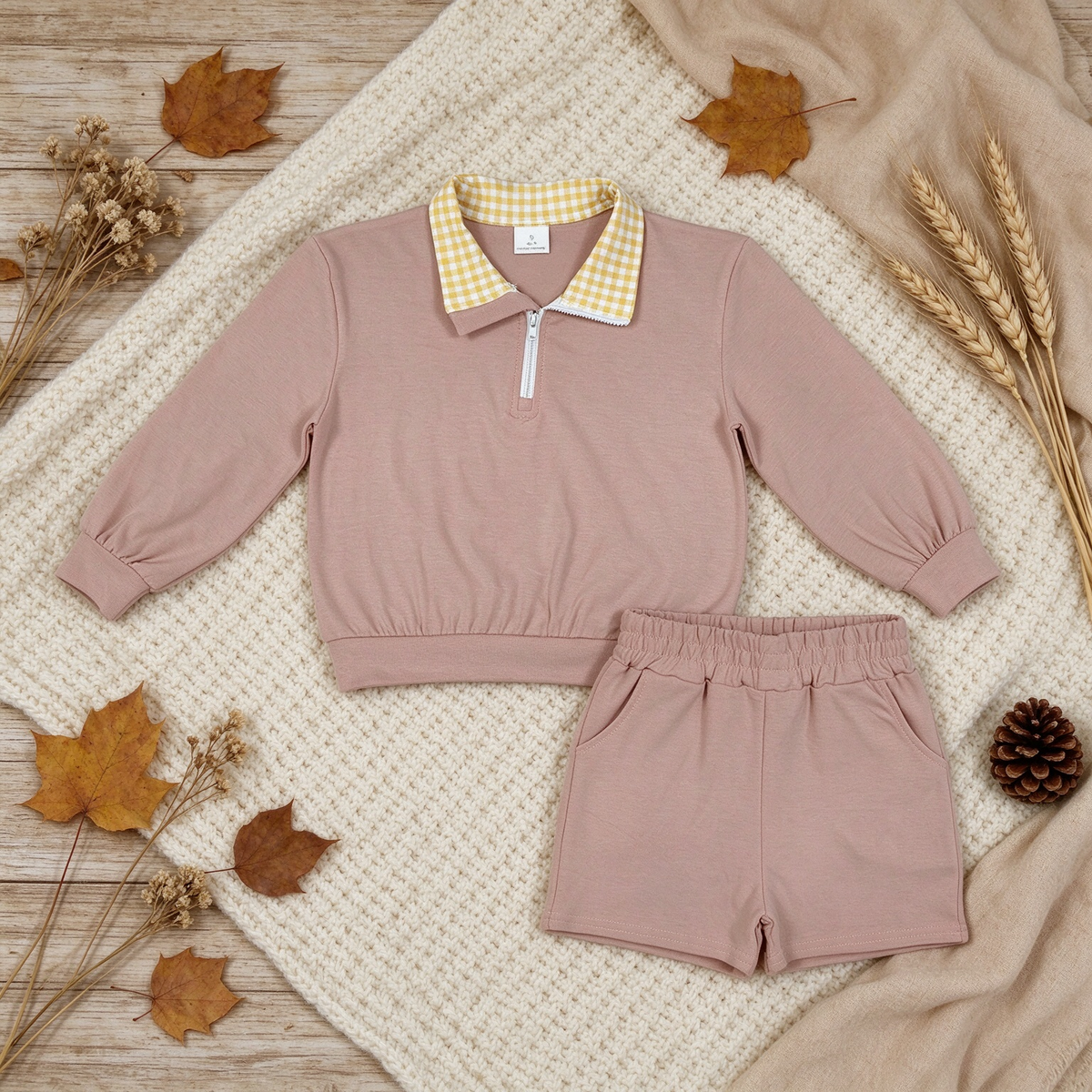 NEW RTS NO MOQ cotton GLS0227 Baby Girls Khaki Long Sleeve Zip Front Pullover Side Pockets Short Set