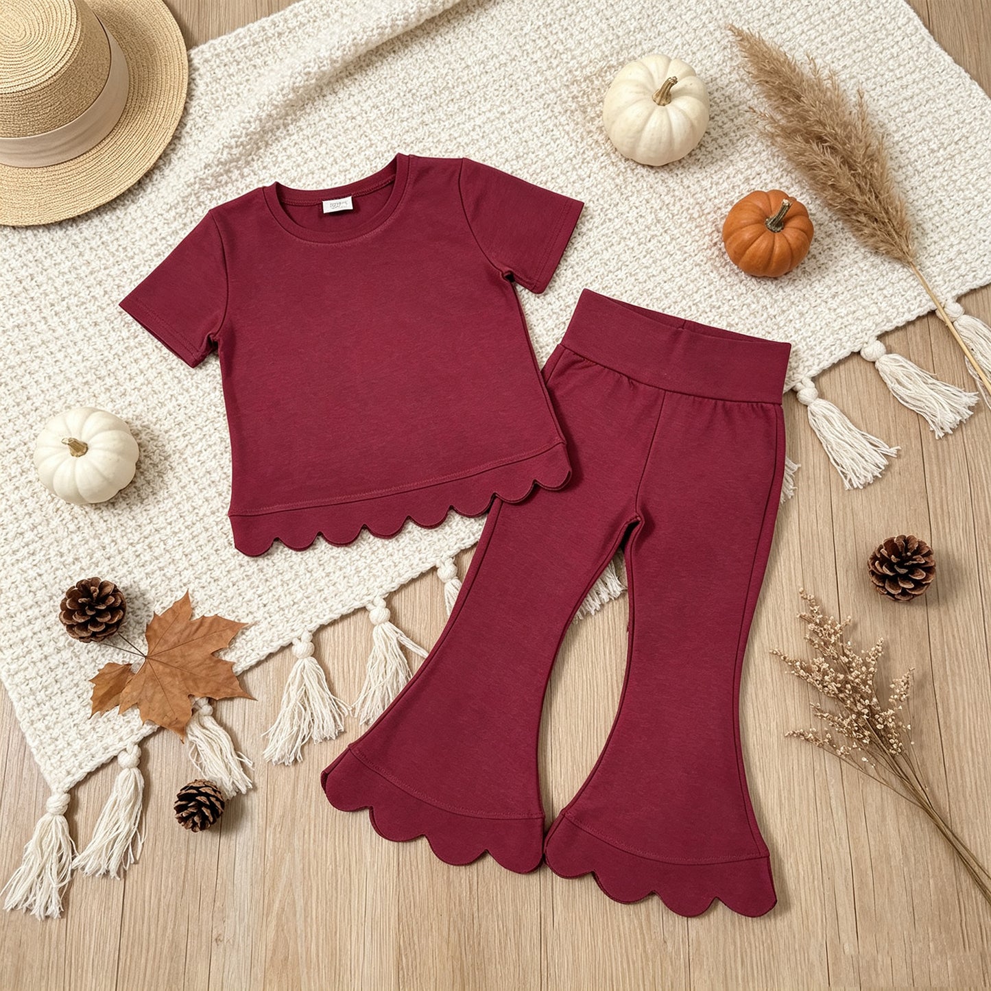 NEW RTS NO MOQ cotton GSPO2341（GT1771+P1079）Baby Girls Red Short Sleeve Shirts Top Flare Pant Scallop Sets
