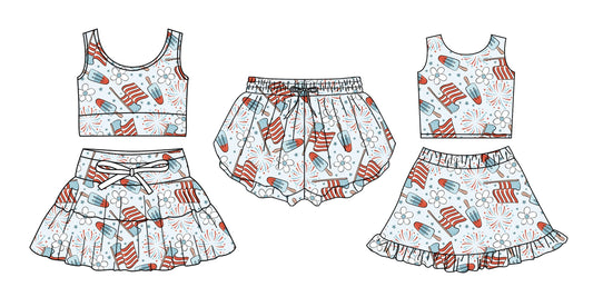 3.27 Custom moq 5 mix size Sibling Baby Girls 4th of July Sleeveless Top And Skirts Set Yoga Shorts Outfit