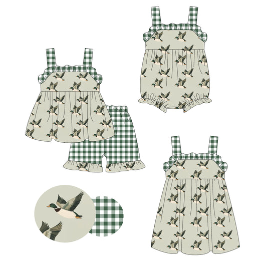 3.21 custom each style moq 5eta 4-6week Sibling Sisters duck baby girl short sleeve shorts sets and dress and rompers match family design