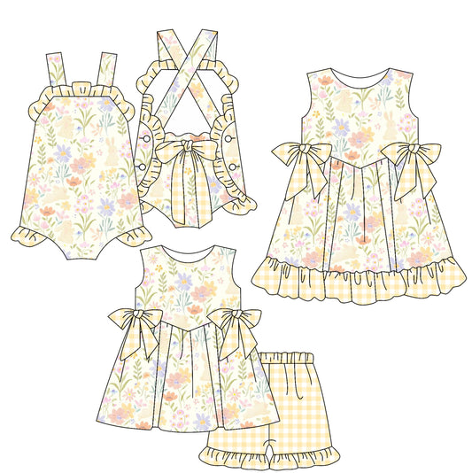 25.12.6 custom each style moq 5 eta 6-8week Sibling Sister bunny floral baby short sleeve shorts sets and romper and dress match design