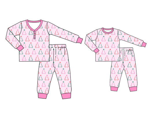 25.5.15 custom each style moq 5eta 4-6week Sibling Sister Christmas trees long sleeve pants sets and adult sets match design