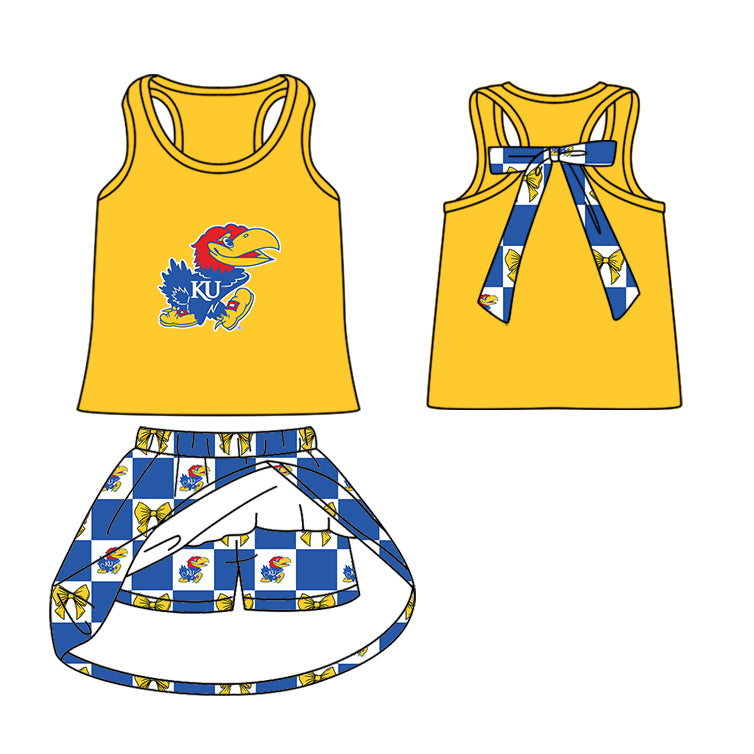 Custom moq 5 mix size milk silk summer teams Blue Checked Bows Baby Girl Sleeveless Top Skirt Short Set Dress And Shorts Yoga Outfit Boy's Top Shorts Set Romper
