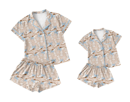 3.26 custom each style moq 5eta 4-6week Sibling Sister boot bow short sleeve shorts sets and adult sets match design