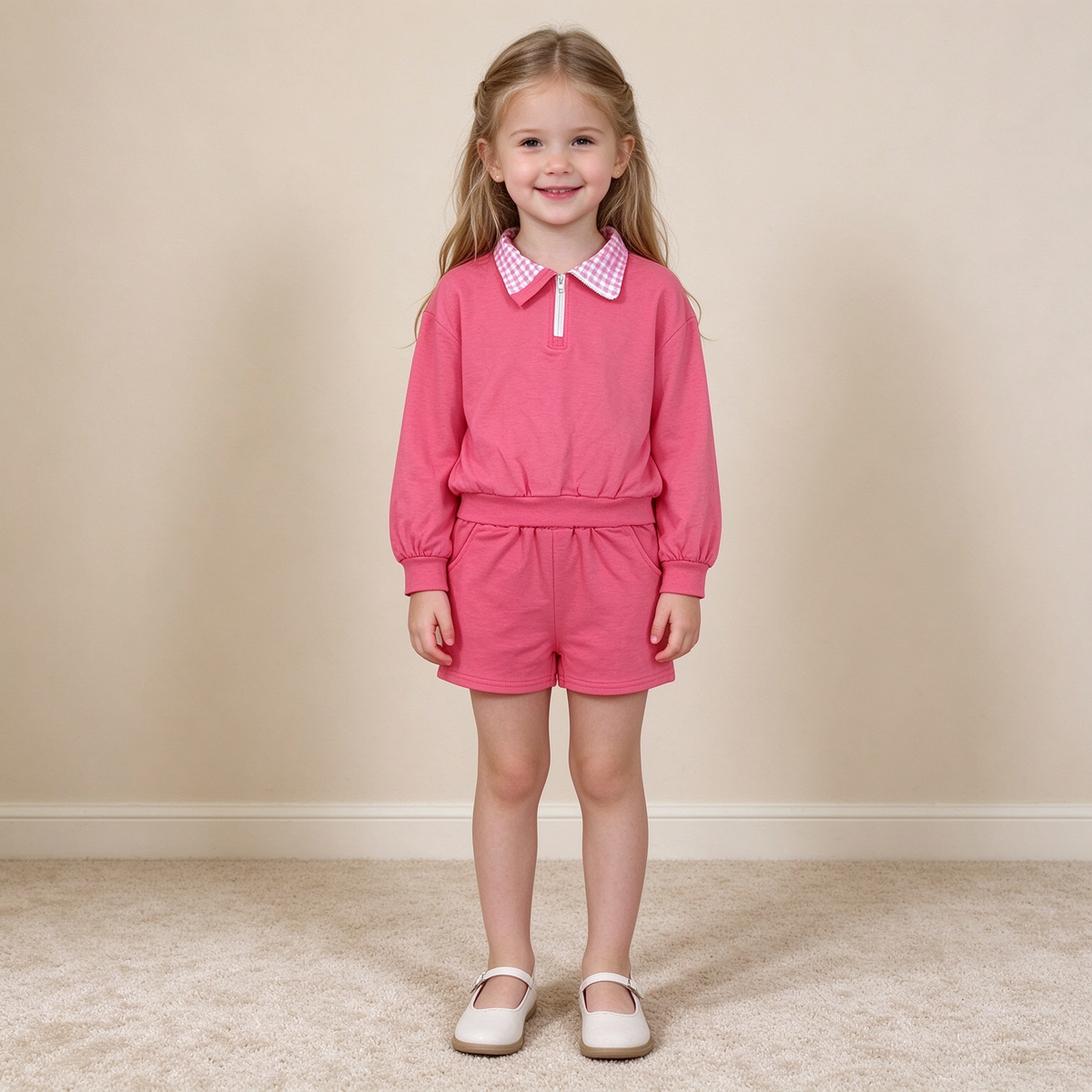 NEW RTS NO MOQ cotton GLS0225 Baby Girls Watermelon Red Long Sleeve Zip Front Pullover Side Pockets Short Set