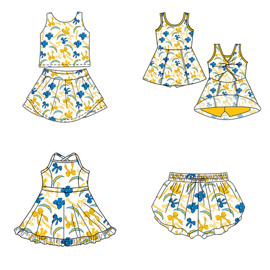 Custom moq 5 mix size milk silk summer teams Baby Girls Yellow Blue Bow Vest Top Skirt Shorts Sets Sleeveless Knee Length Dresses Yoga Shorts Yoga Active Outfit