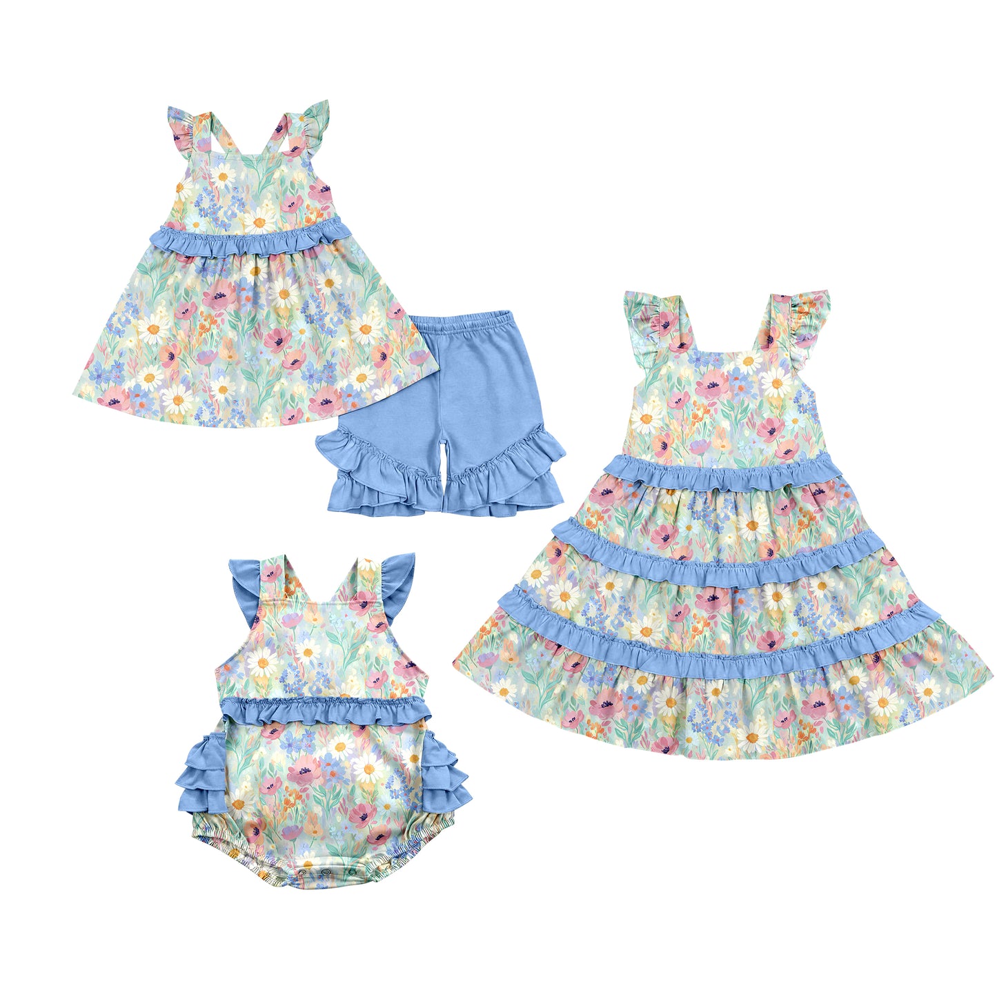 Custom moq 5 mix size Sibling Baby Girl's Floral Print blue Short-Sleeved Top And Shorts Set Cute Romper Dress for Spring Summer
