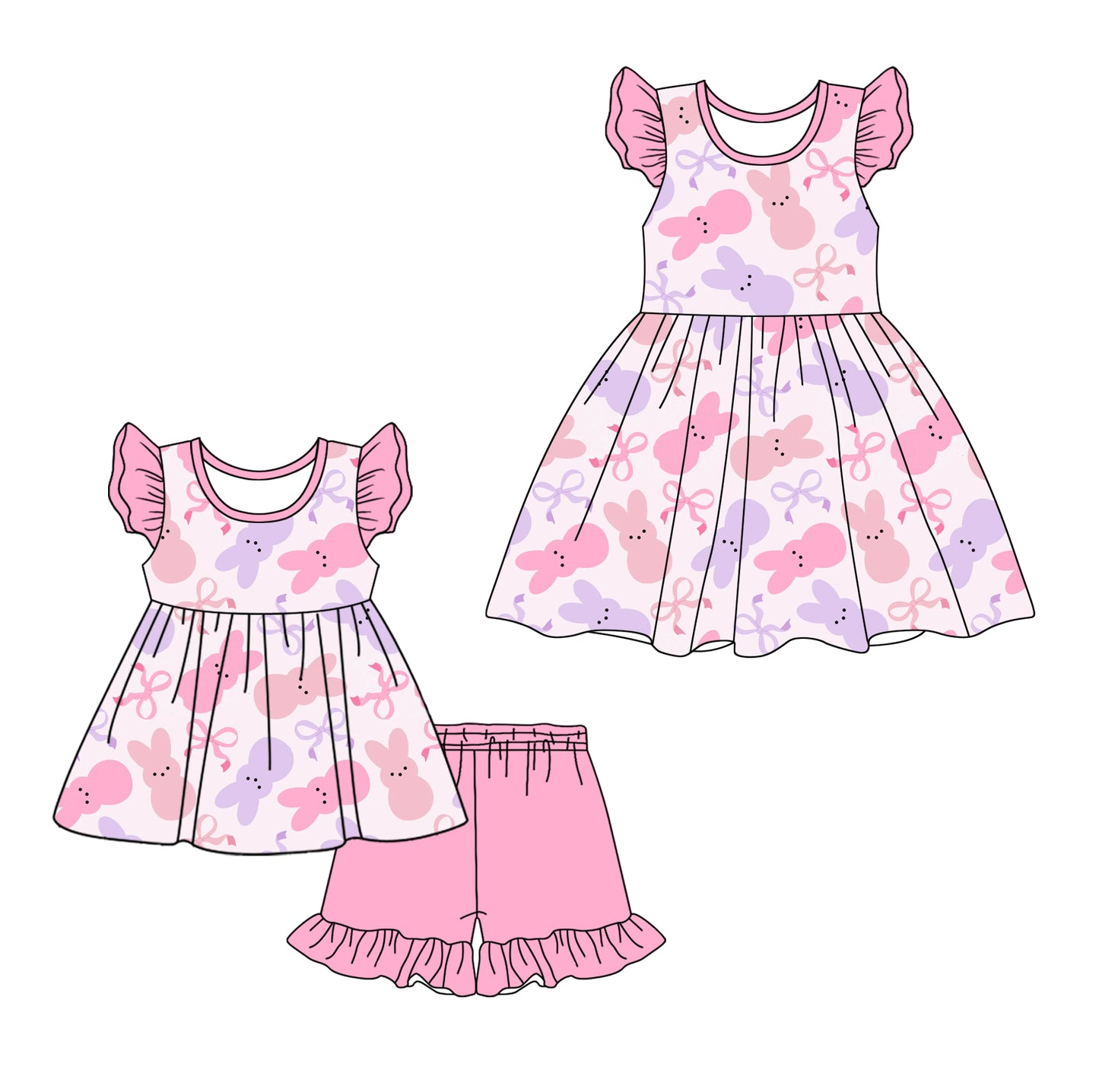 12.7 custom each style moq 5eta 4-6week Sibling Sister bow easter baby girl short sleeve shorts sets and dresses match design