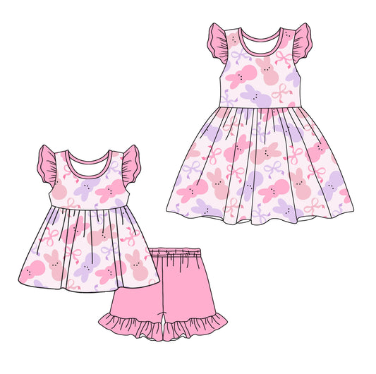 12.7 custom each style moq 5eta 4-6week Sibling Sister bow easter baby girl short sleeve shorts sets and dresses match design