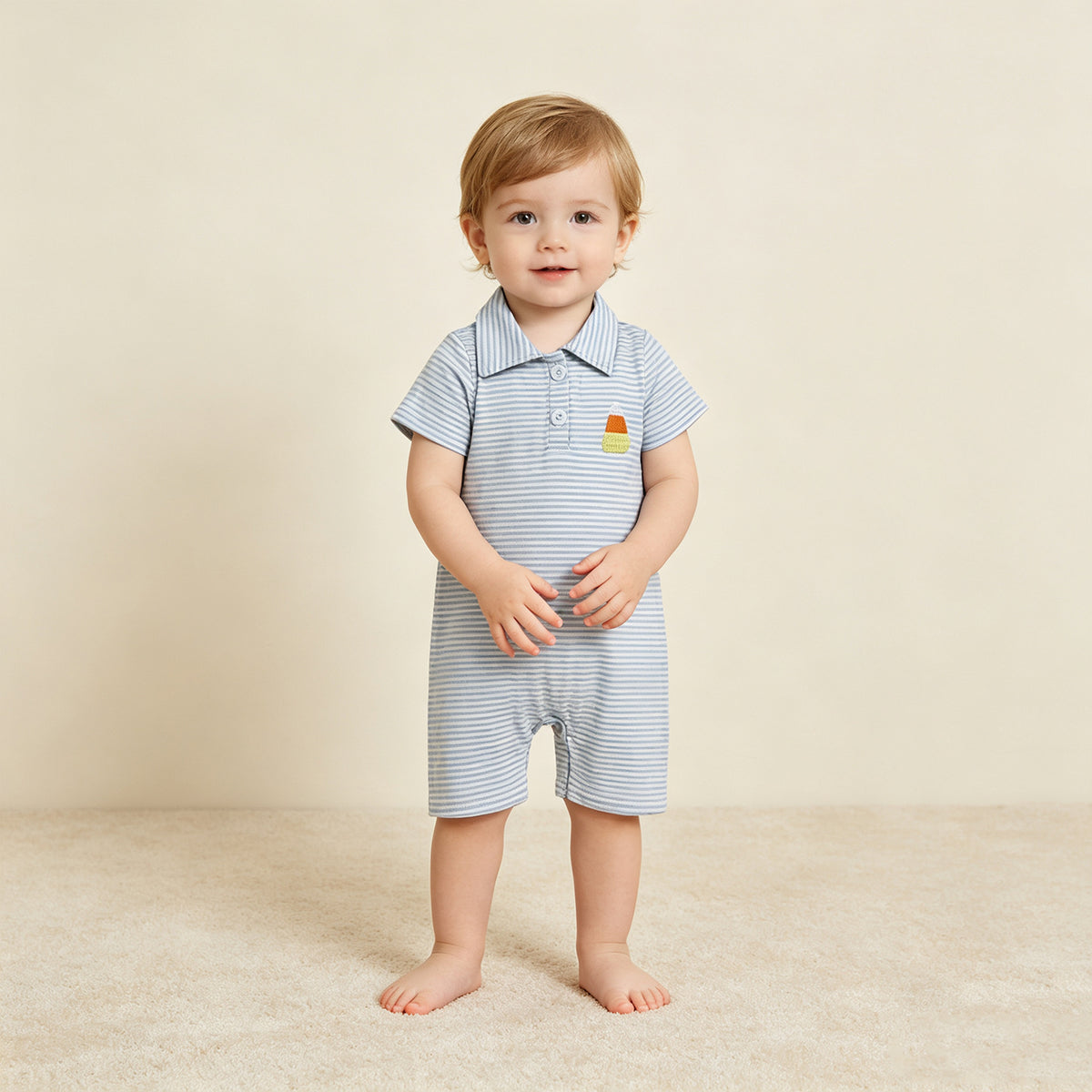 NEW RTS NO MOQ milk silk SR4281 Embroidery Baby Boys Casual Blue Stripe Candy Print Short Sleeve Button Halloween Rompers