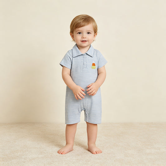 NEW RTS NO MOQ milk silk SR4281 Embroidery Baby Boys Casual Blue Stripe Candy Print Short Sleeve Button Halloween Rompers