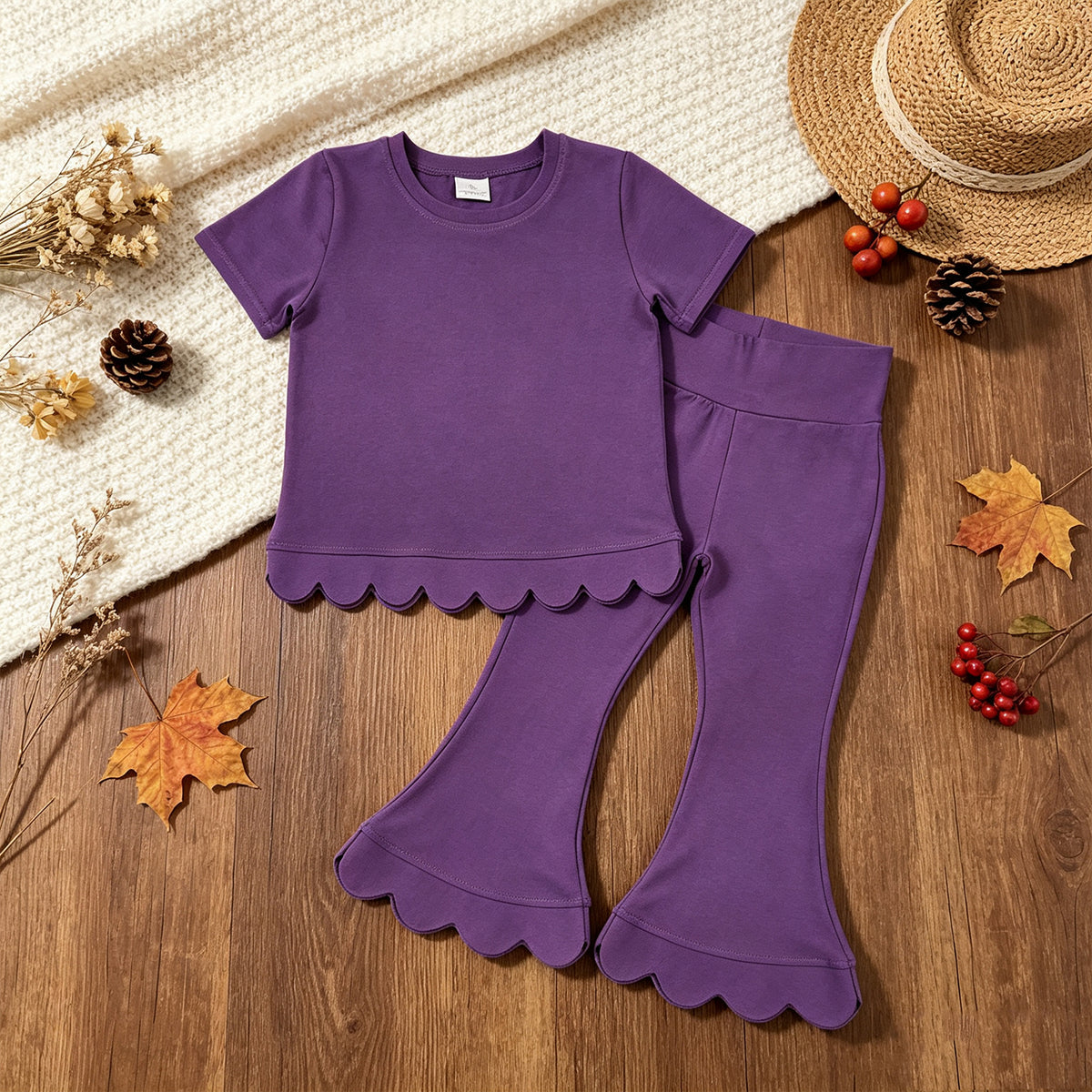 NEW RTS NO MOQ cotton GSPO2346（GT1776+P1084）Baby Girls Purple Short Sleeve Shirts Top Flare Pant Scallop Sets