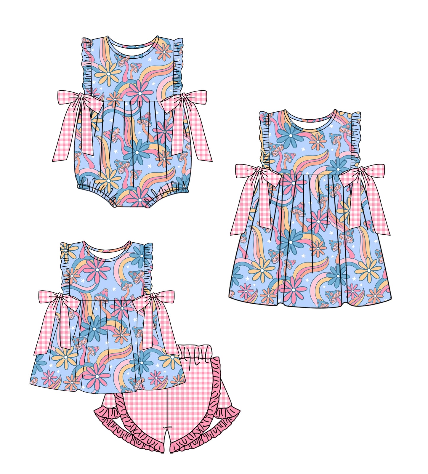 2.11 custom each style moq 5eta 4-6week Sibling Sisters floral baby girl short sleeve shorts sets and dress and rompers match family design