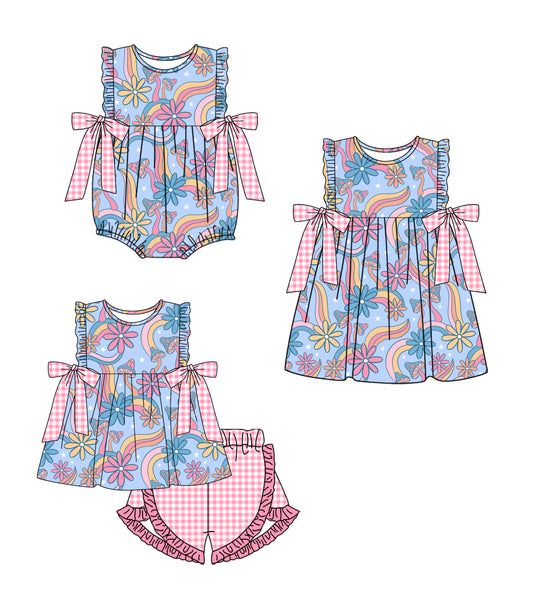 2.11 custom each style moq 5eta 4-6week Sibling Sisters floral baby girl short sleeve shorts sets and dress and rompers match family design
