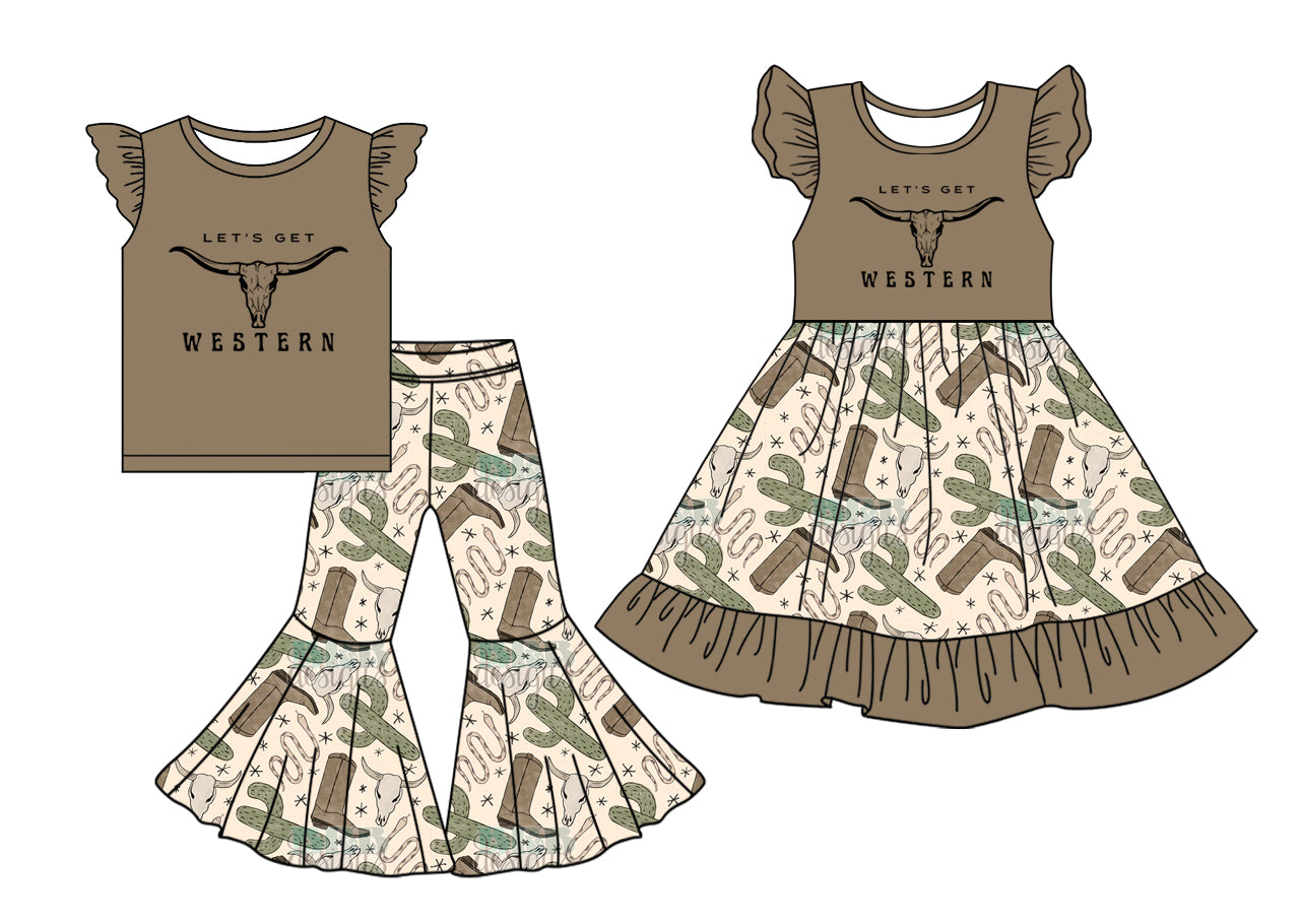 5.2 custom each style moq 5eta 4-6week Sibling Sister WESTERN cow head baby girl pants sets and dress match family design