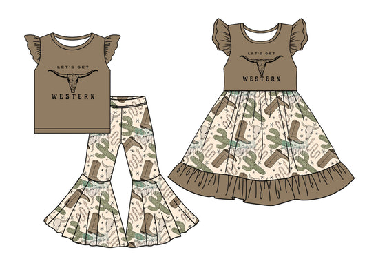 5.2 custom each style moq 5eta 4-6week Sibling Sister WESTERN cow head baby girl pants sets and dress match family design