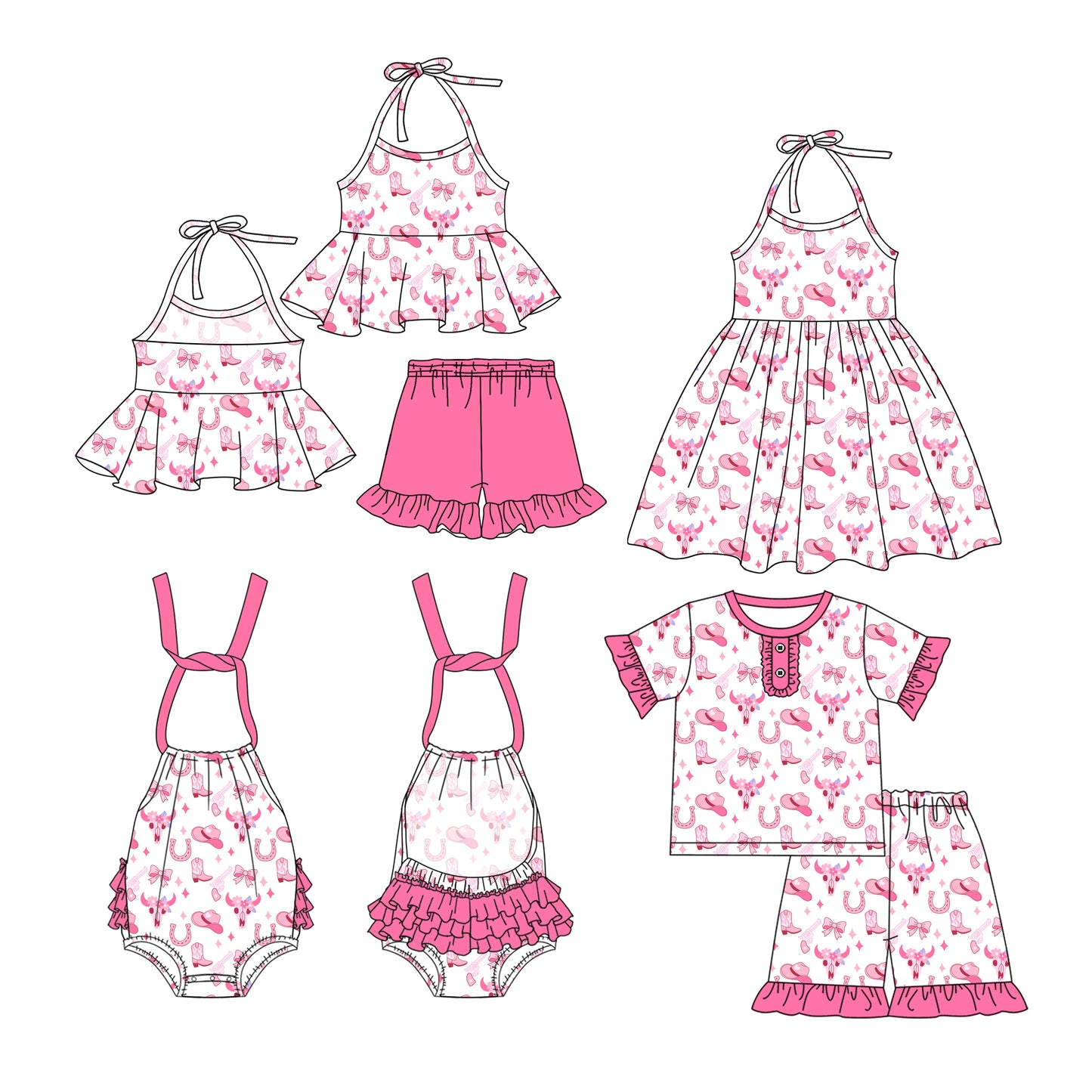 25.12.27 custom each style moq 5 eta 6-8week Sibling Sister hat boots baby short sleeve shorts sets 2 and dress and romper match design
