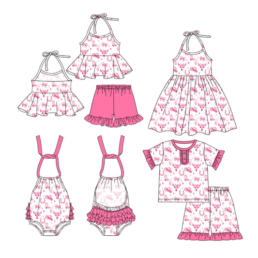 25.12.27 custom each style moq 5 eta 6-8week Sibling Sister hat boots baby short sleeve shorts sets 2 and dress and romper match design