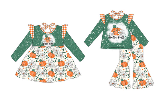 25.7.10 custom each style moq 5eta 4-6week Sibling Sisters pumpkin baby girl long sleeve pants sets and dress match family design