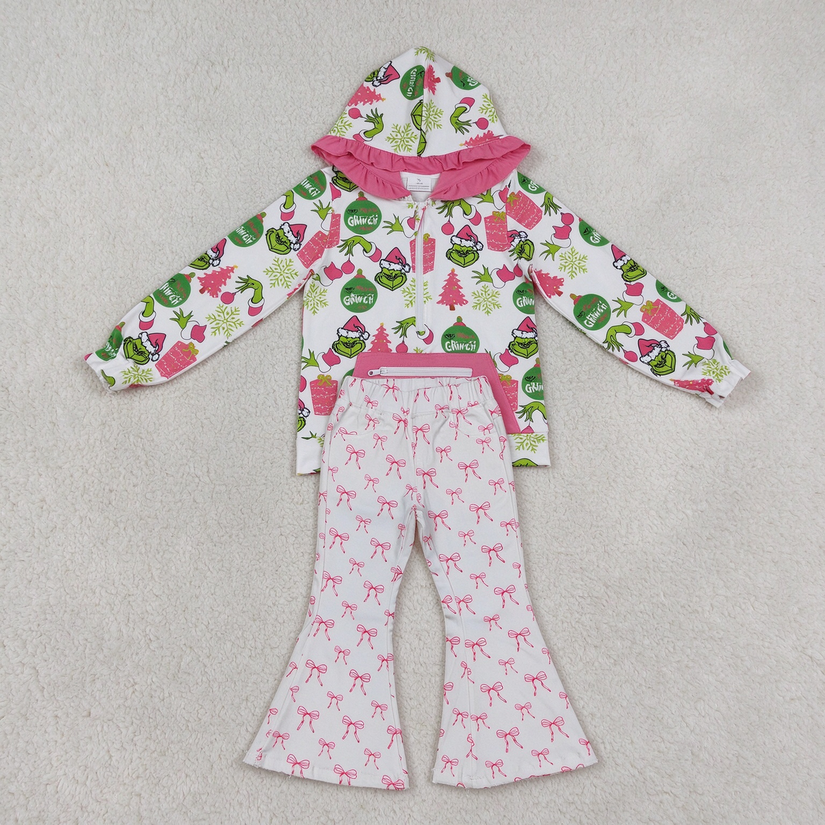 NEW RTS NO MOQ Denim GT1164+ P0732 Cute Clothes Baby Girls Christmas Print Ruffle Hoodie Zip Top Cute Bow Print Denim Jeans Set