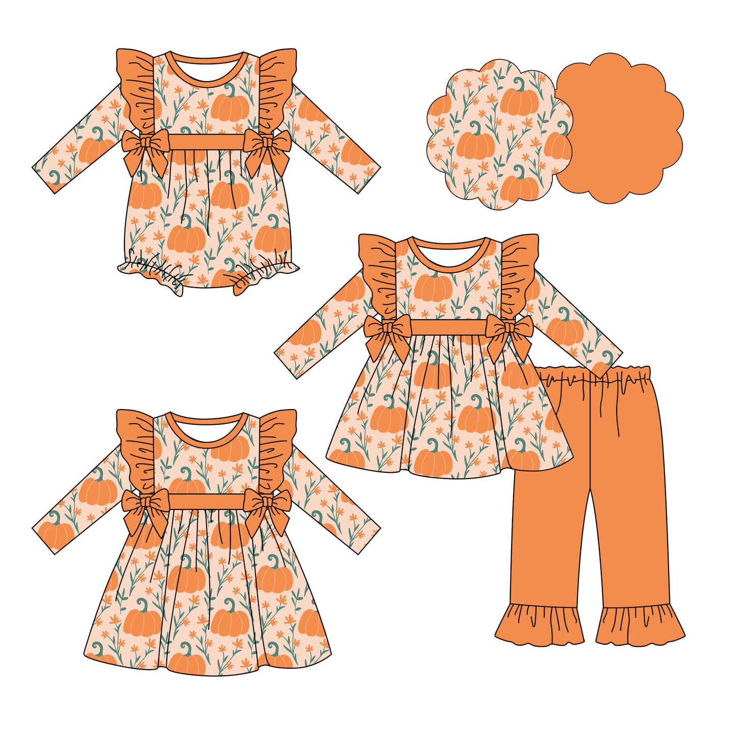 25.6.17 custom each style moq 5eta 4-6week Sibling Sisters pumpkin baby girl long sleeve pants sets and dress and rompers match family design
