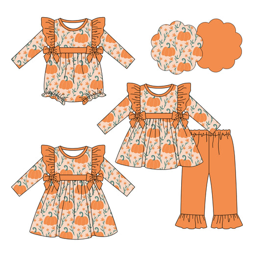 25.6.17 custom each style moq 5eta 4-6week Sibling Sisters pumpkin baby girl long sleeve pants sets and dress and rompers match family design