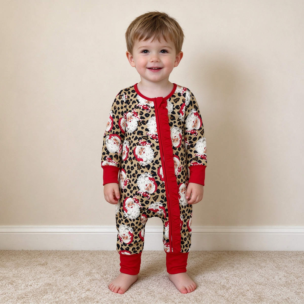 NEW RTS NO MOQ milk silk LR3302 Baby Girls Leopard Santa Print Christmas Two Way Zip Ruffle Convertible Rompers