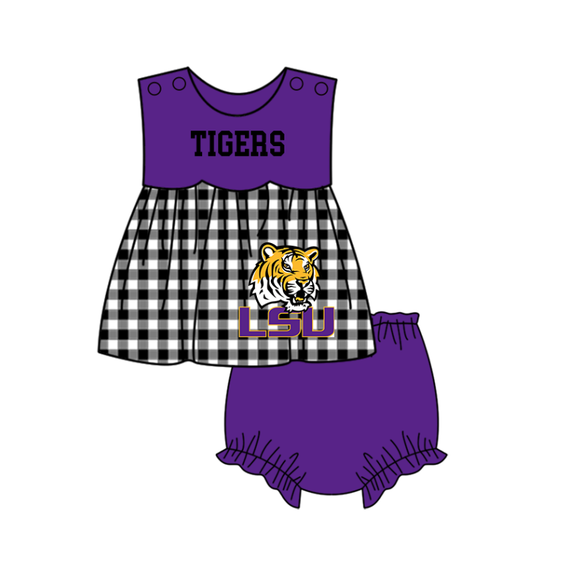 Custom moq 5 mix size milk silk summer teams baby girl boys clothes Purple Black and white checkered short sleeve shorts sets 3 and dress and rompers 2 series