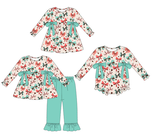25.9.24 custom each style moq 8 eta 6-8week Sibling Sisters bow baby girl long sleeve pants sets and dress and rompers match family design