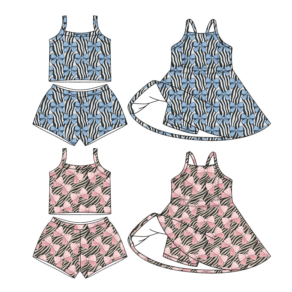 4.6 Custom moq 5 mix size Sibling Baby Girl's Bows  Strap Top Shorts Set Yoga Active Short Knee Length Dress Summer Outfit
