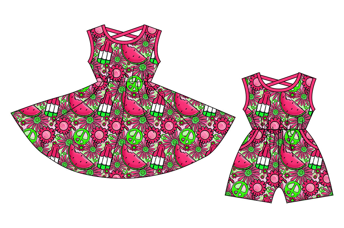12.24 custom each style moq 5eta 4-6week Sibling Sister watermelon baby girl short sleeve shorts dress and jumpsuit match design