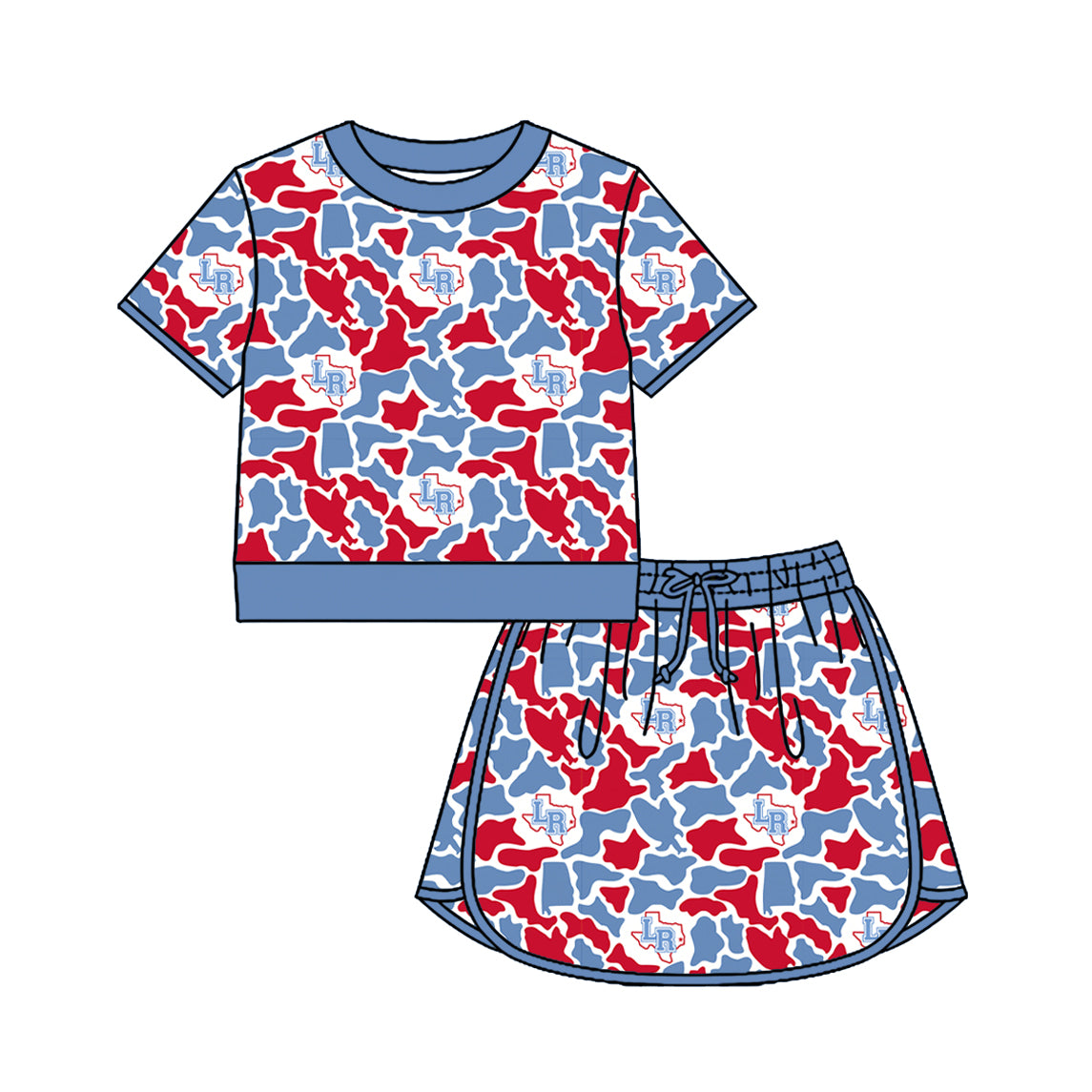 Custom moq 5 mix size summer teams Baby Girls Short Sleeved Camouflage Top And Skirt Set