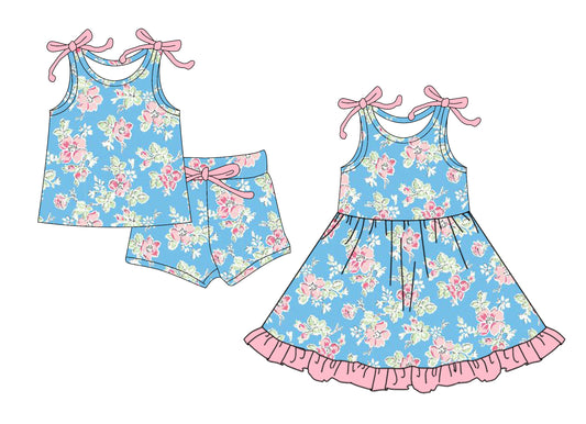 25.5.23 custom each style moq 5eta 4-6week Sibling Sister floral baby girl short sleeve shorts sets and dresses match design