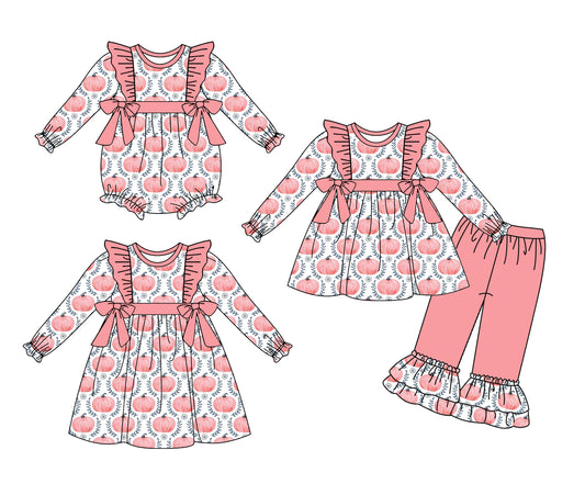 25.6.3 custom each style moq 5eta 4-6week Sibling Sisters pumpkin baby girl long sleeve pants sets and dress and rompers match family design