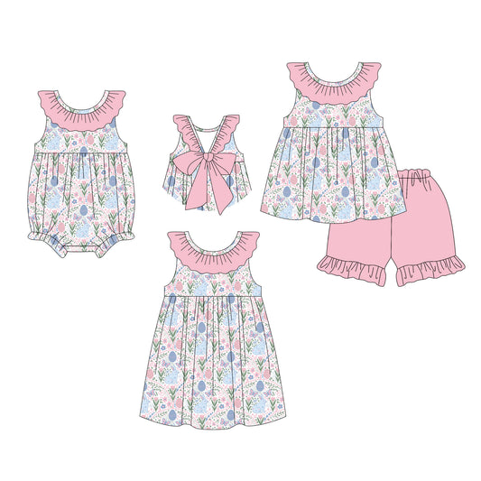 26.1.5 custom each style moq 5 eta 6-8week Sibling Sister easter bow floral baby short sleeve shorts sets and romper and dress match design