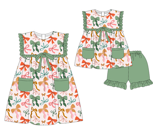 3.29 custom each style moq 5eta 4-6week Sibling Sister bow baby girl short sleeve shorts sets and dresses match design